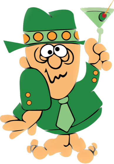 Elvie's Guy mascot raising a martini
